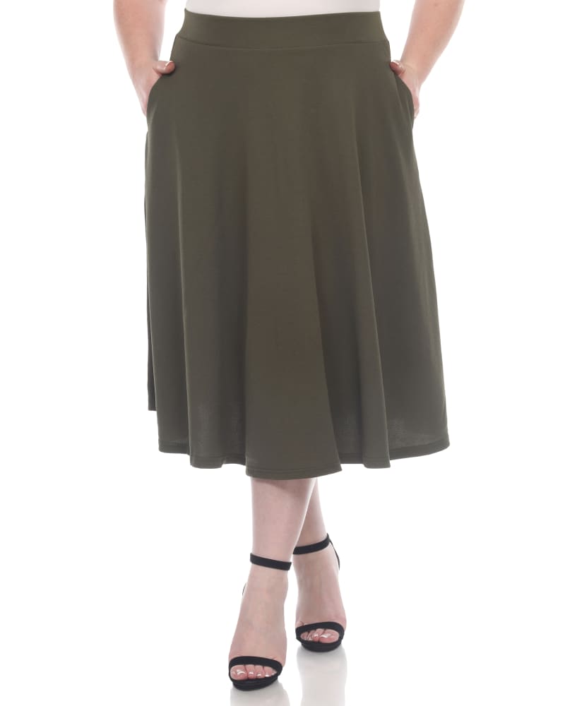 Front of a model wearing a size 2X Tasmin Flare Midi Skirt in Olive by White Mark. | dia_product_style_image_id:249217